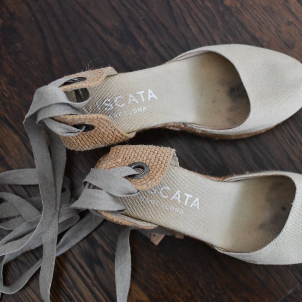 Viscata Beige Canvas Espadrille Wedge Sandals Lace Up Ankle Tie - Picture 5 of 5